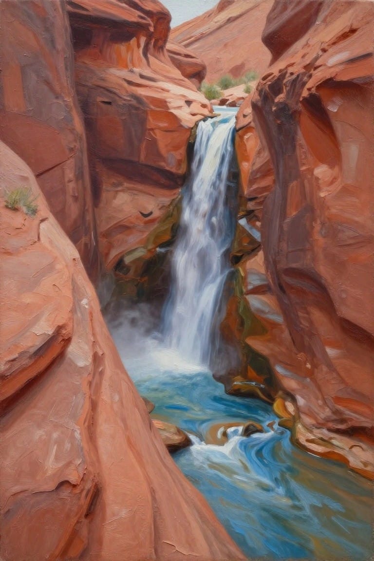 Oil painting of cascading waterfall in red rock canyon with blue stream below