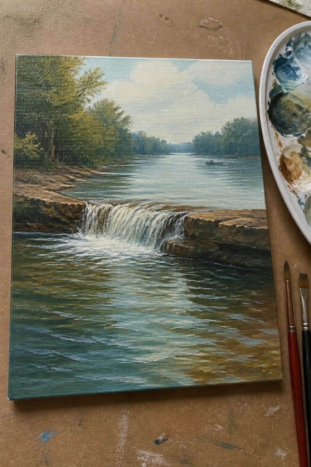An oil painting of a river flowing over a small rocky waterfall with trees on both banks and a boat in the distance, shown next to a palette and brushes.