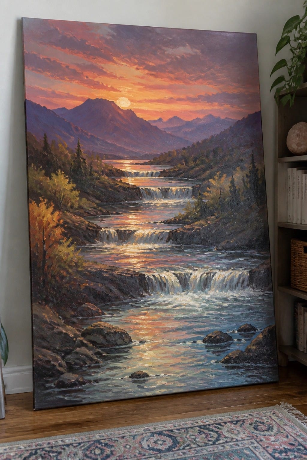 Large colorful painting of sunset river waterfalls and mountains leaning by bookshelf