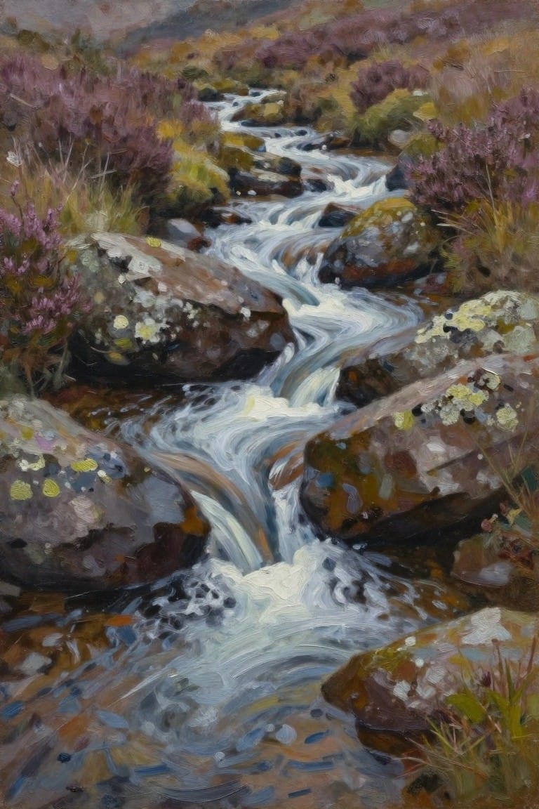 Rushing stream cascading over lichen-covered rocks amid blooming purple heather.