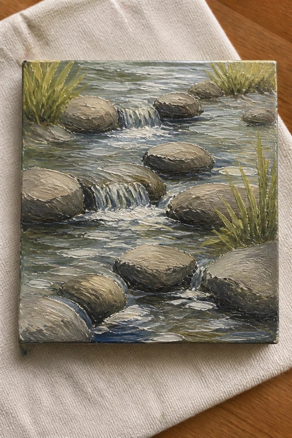 Square canvas painting of rocky stream with cascading water and green foliage on white cloth