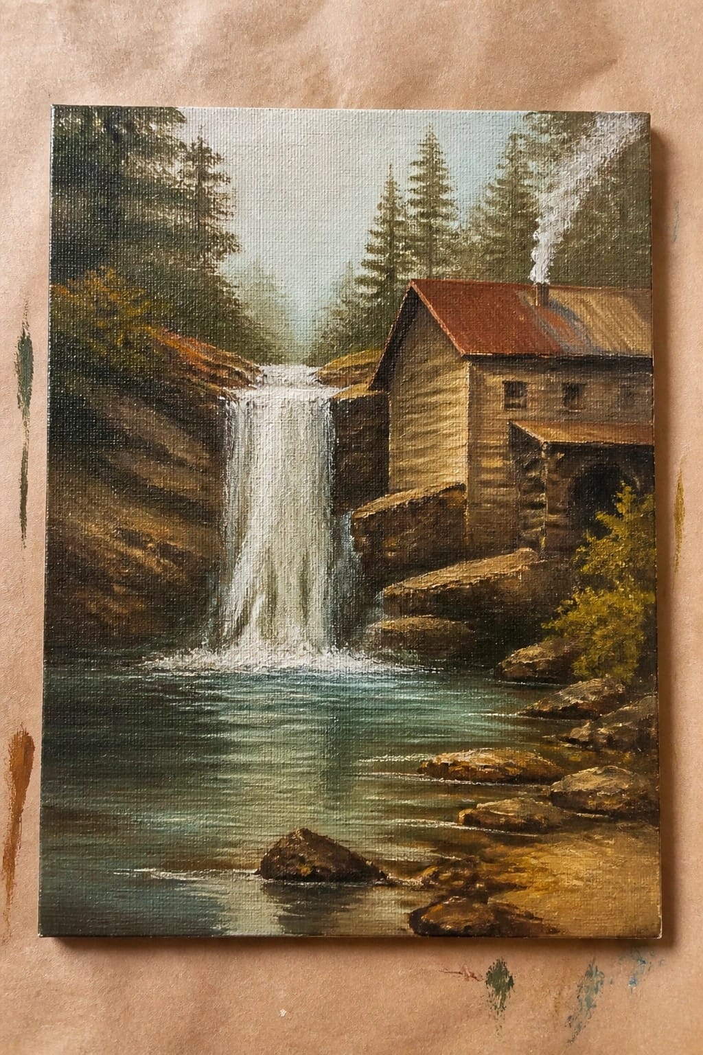Oil painting of a red-roofed wooden mill beside a cascading waterfall amid rocks and trees.