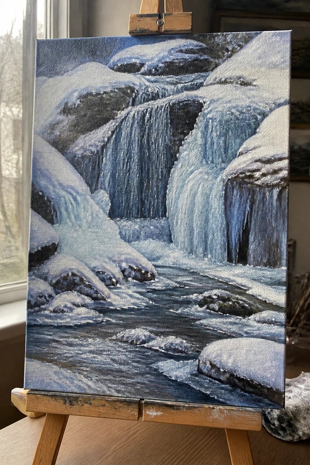 Realistic painting on easel of snowy waterfall cascading over dark rocks into stream.