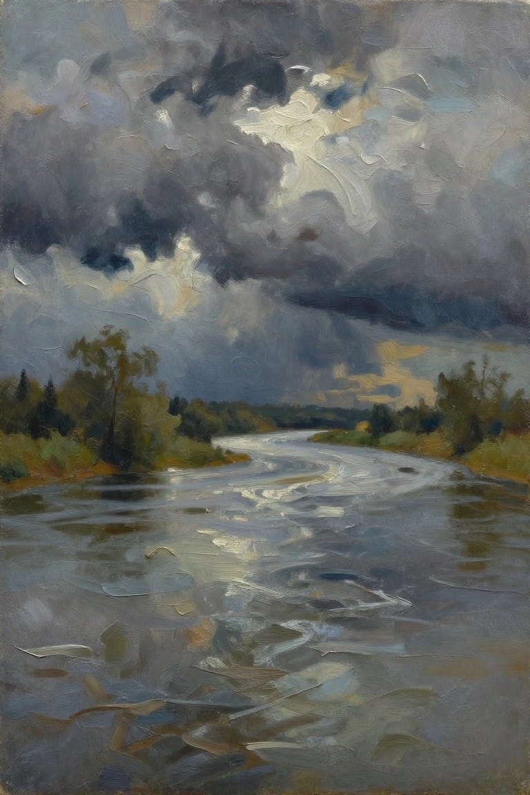 Stormy sky over winding river with turbulent waters and riverside trees
