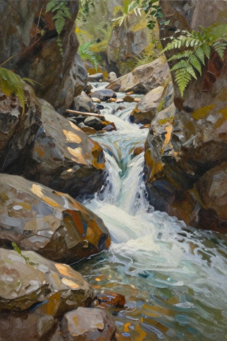 Rushing stream cascading through sunlit rocks amid lush ferns and boulders