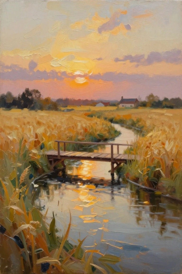 Sunset painting of wooden bridge over reflective creek amid golden wheat fields.