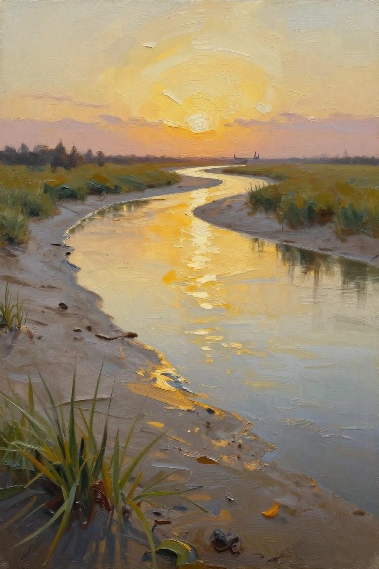Oil painting of winding river reflecting golden sunset over grassy, muddy banks
