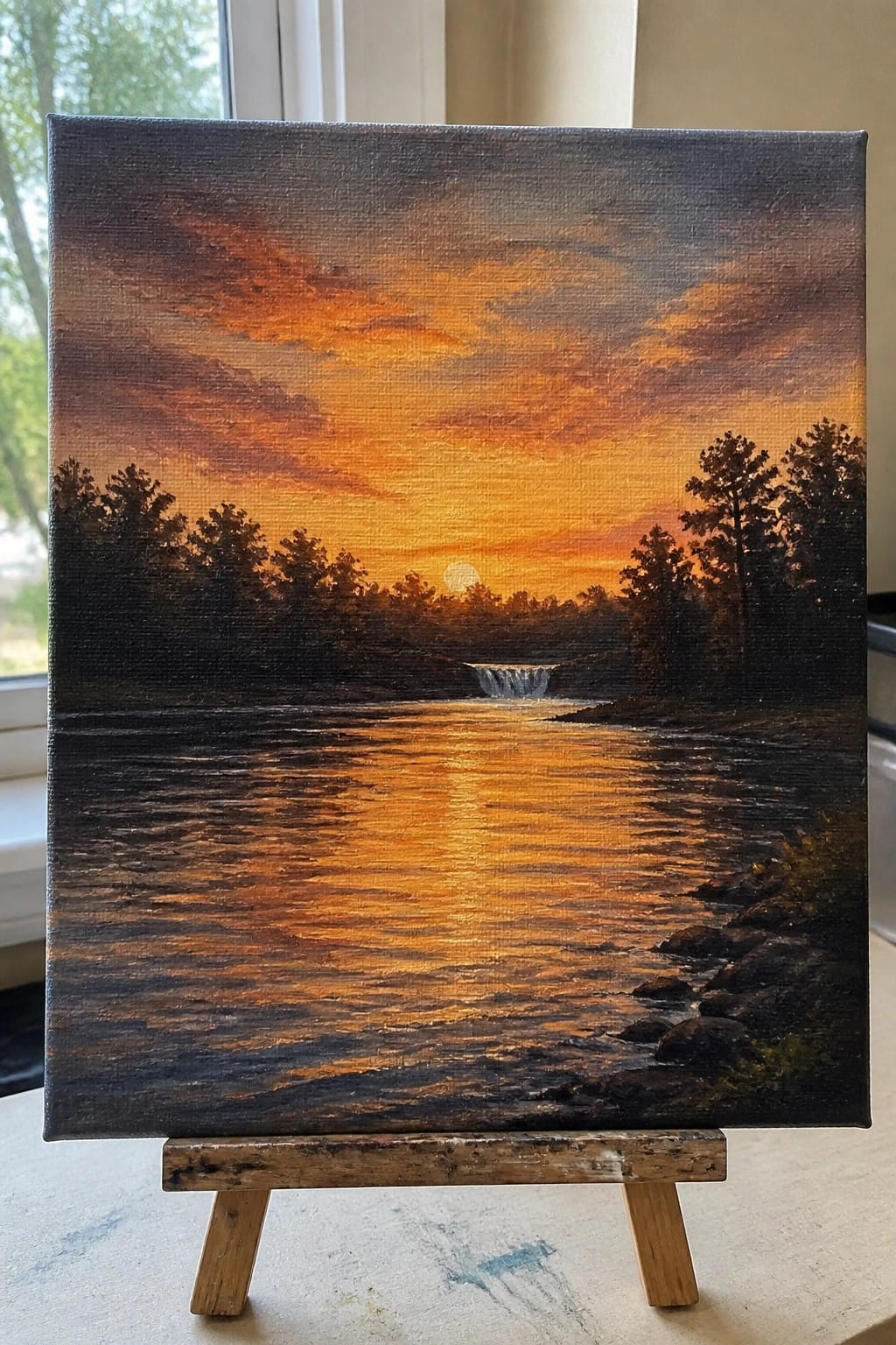 Vibrant sunset painting on easel with glowing river, waterfall, and silhouetted trees.