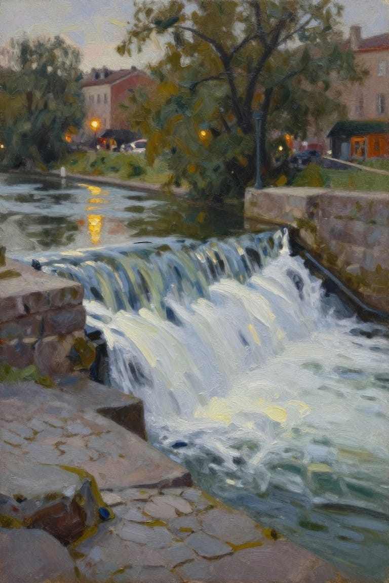 Oil painting of foamy waterfall cascading between stone walls amid trees and buildings.