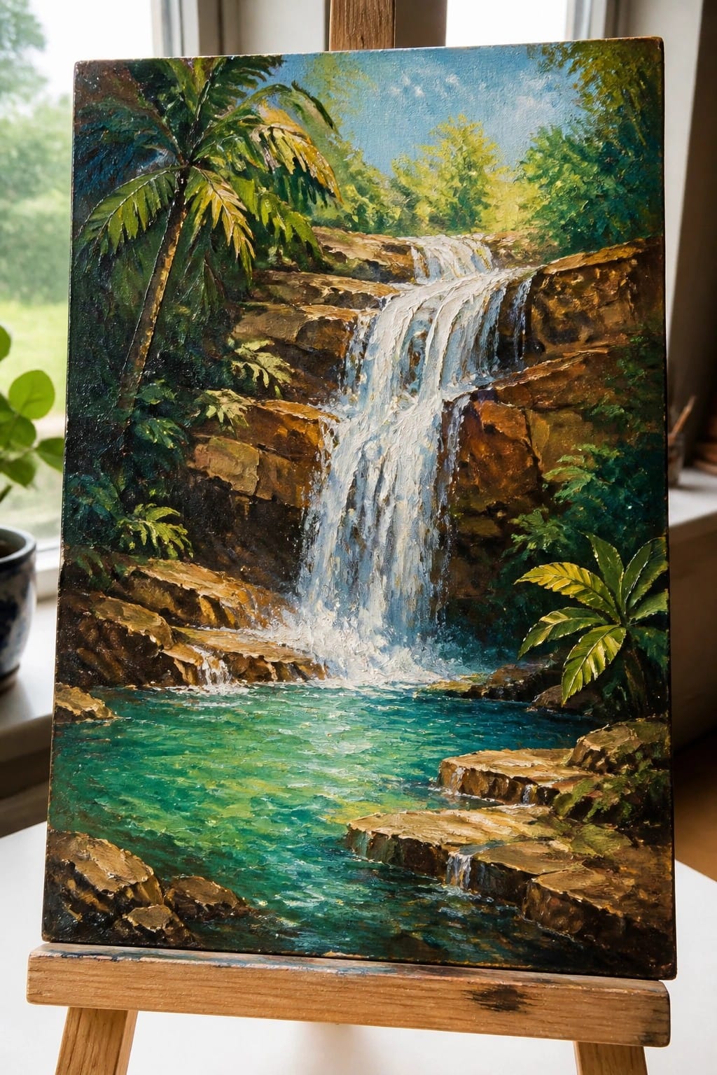 Oil painting of tropical waterfall cascading over rocks into turquoise pool with palms.