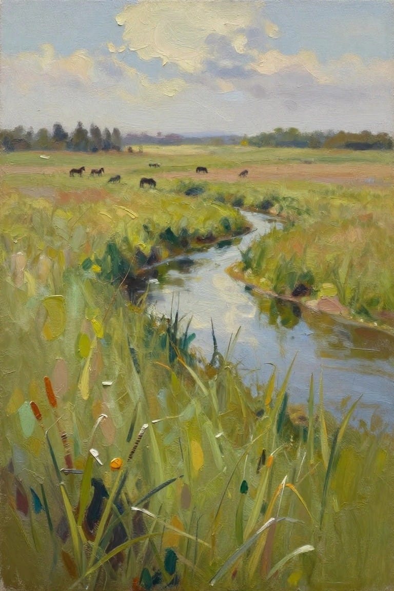 Oil painting of winding stream through green meadows with grazing horses under cloudy sky.