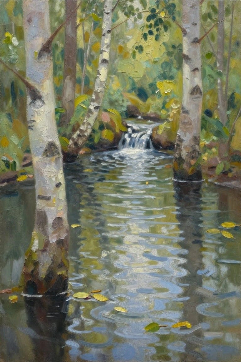 Textured oil painting of a forest stream with birch trees and rippling reflections