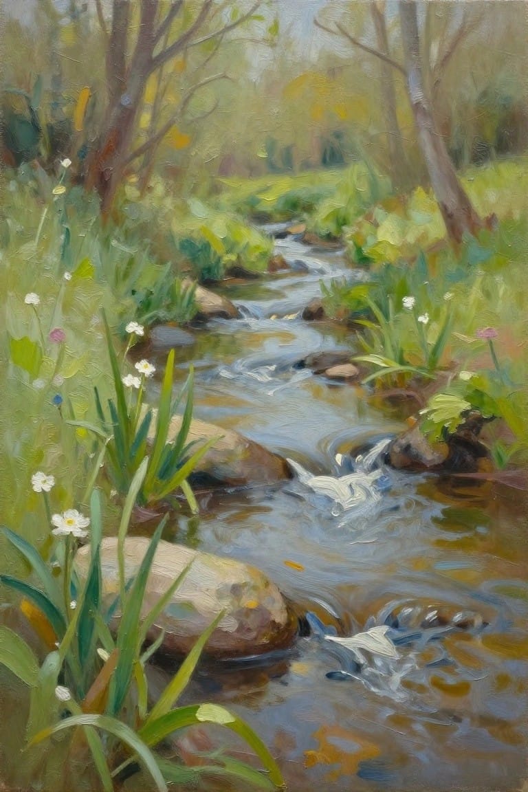 Winding forest stream with white flowers, rocks, and lush green foliage in oil painting.