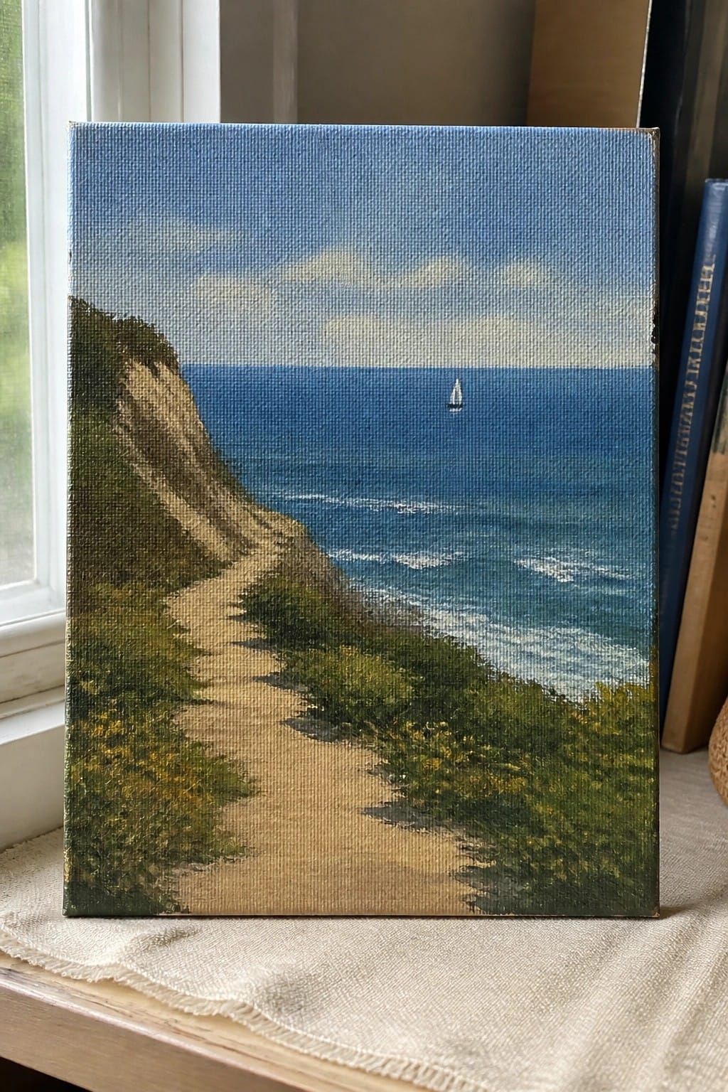 Canvas painting of winding coastal path overlooking blue ocean with sailboat and cliffs.