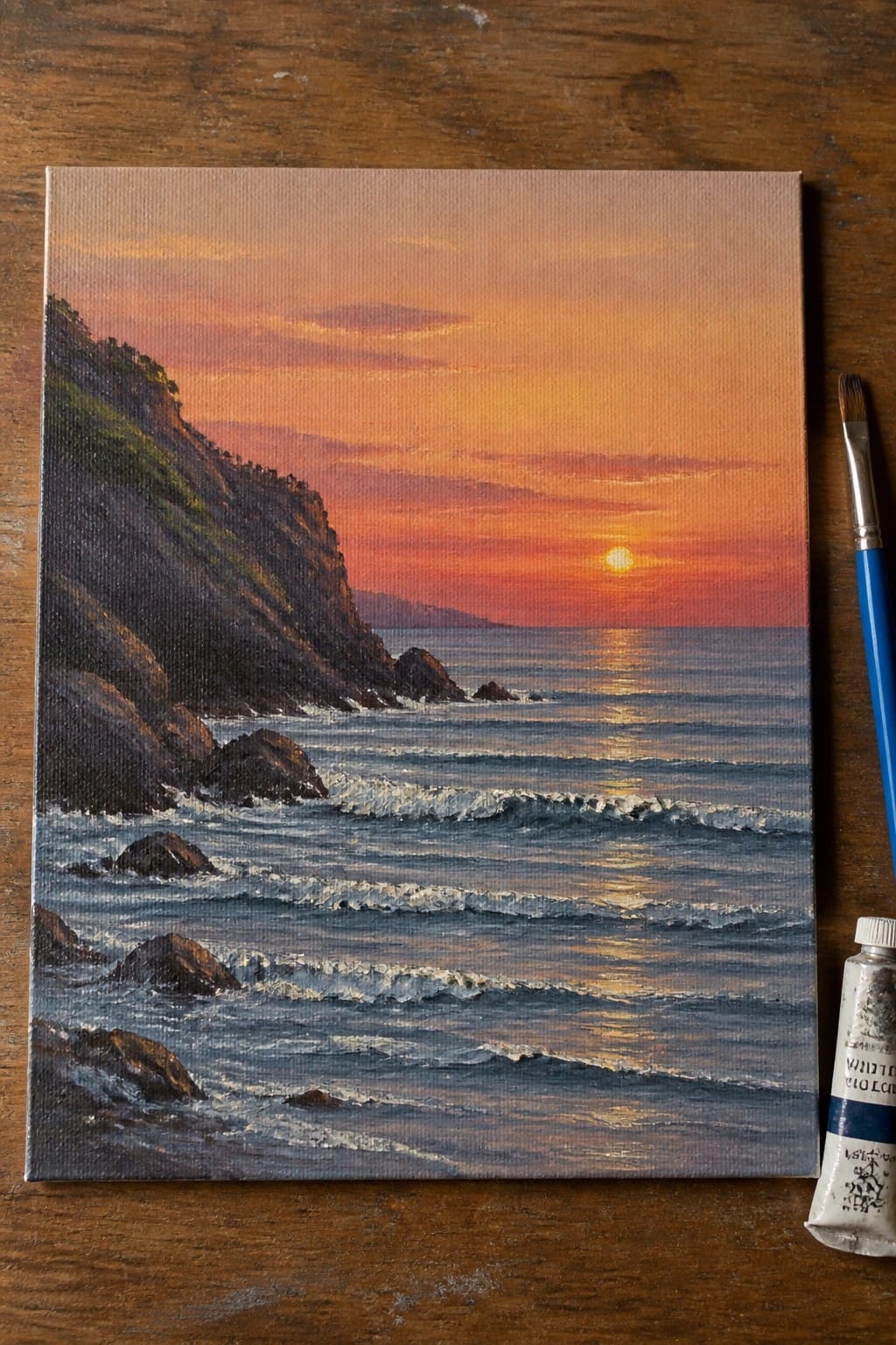 Painting of ocean sunset with cliffs, waves, rocks beside blue brush and paint tube