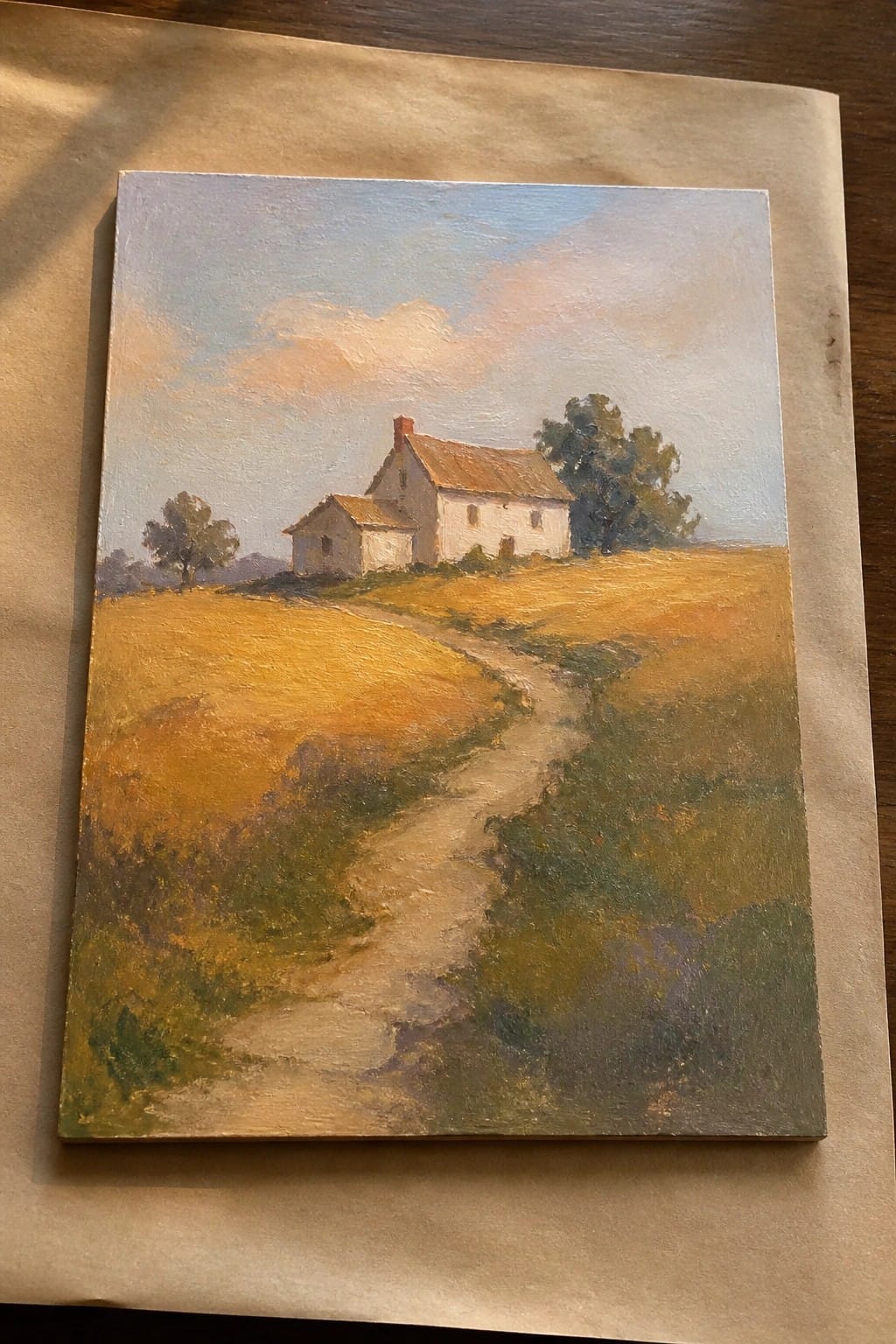 Oil painting of white farmhouse along winding path in golden fields under blue sky