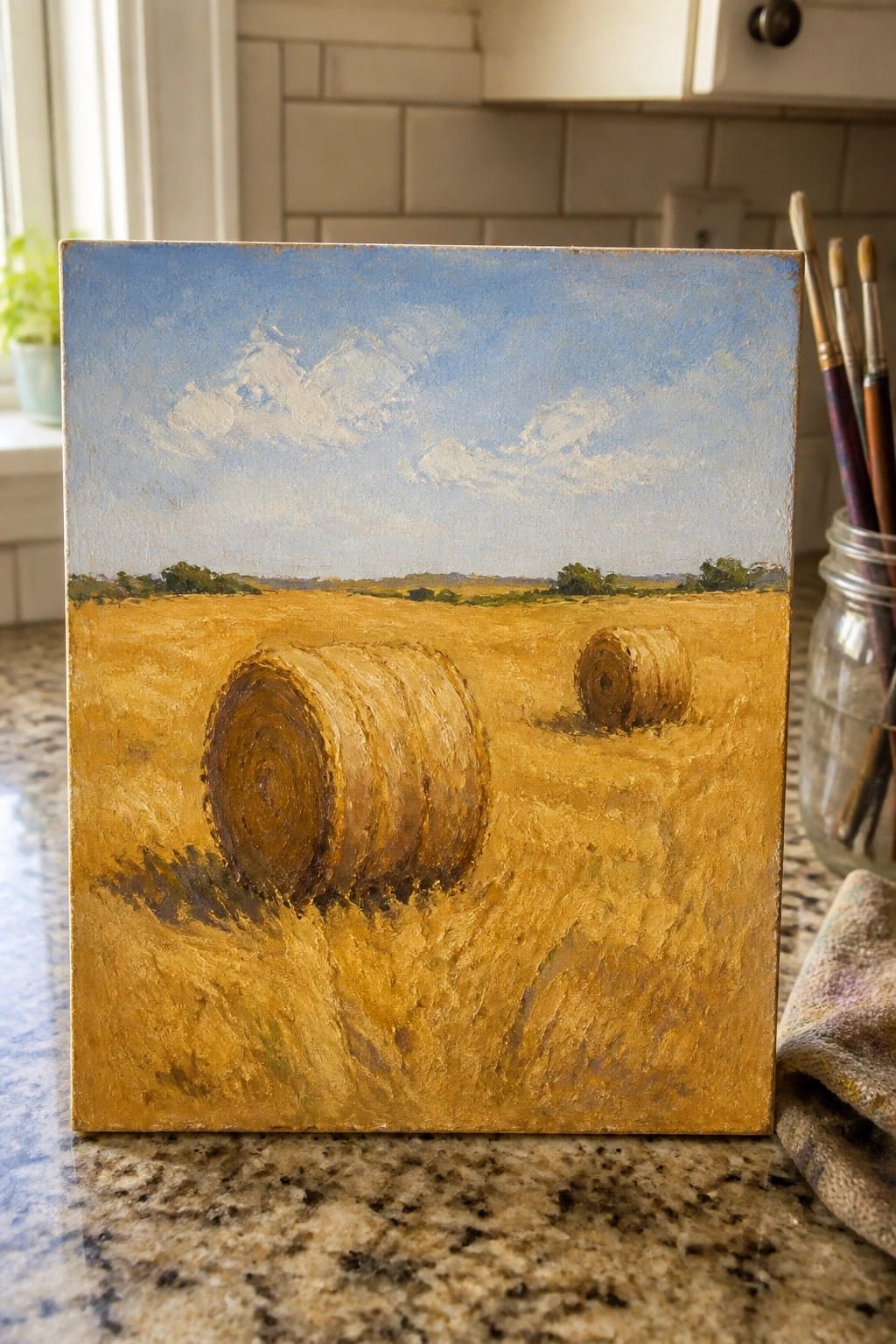 Oil painting of two hay bales in golden field on kitchen countertop with brushes