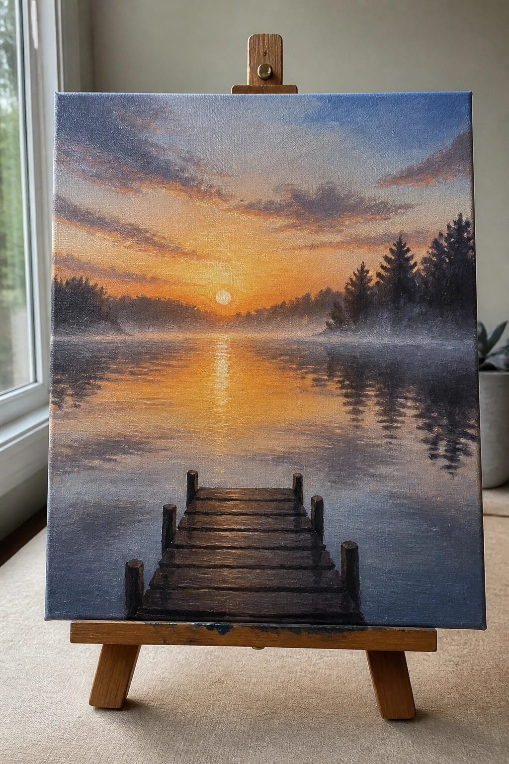 Sunset painting on easel shows wooden dock in misty lake with orange sky