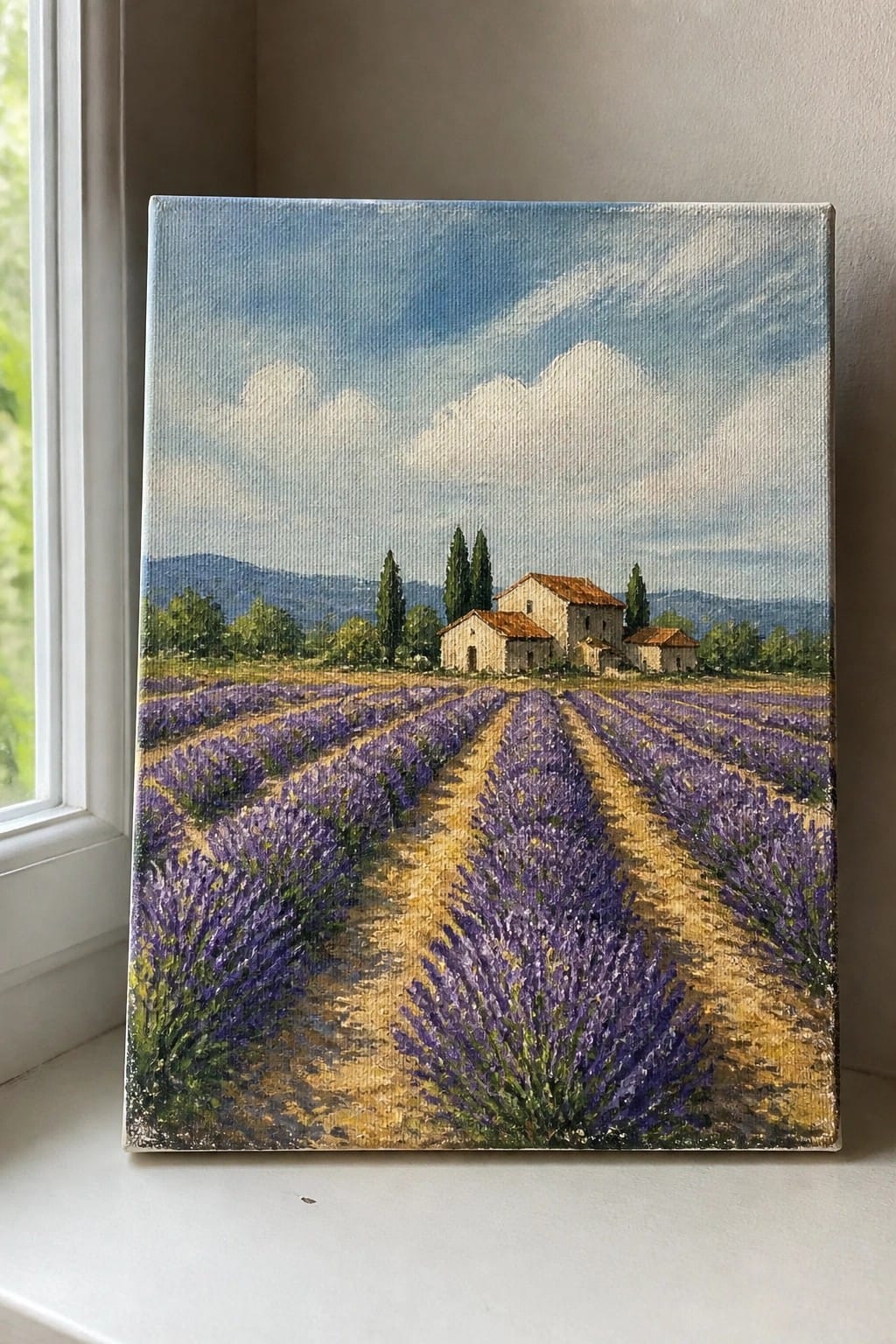 Oil painting of lavender fields with purple blooms, dirt paths, stone houses, and mountains.