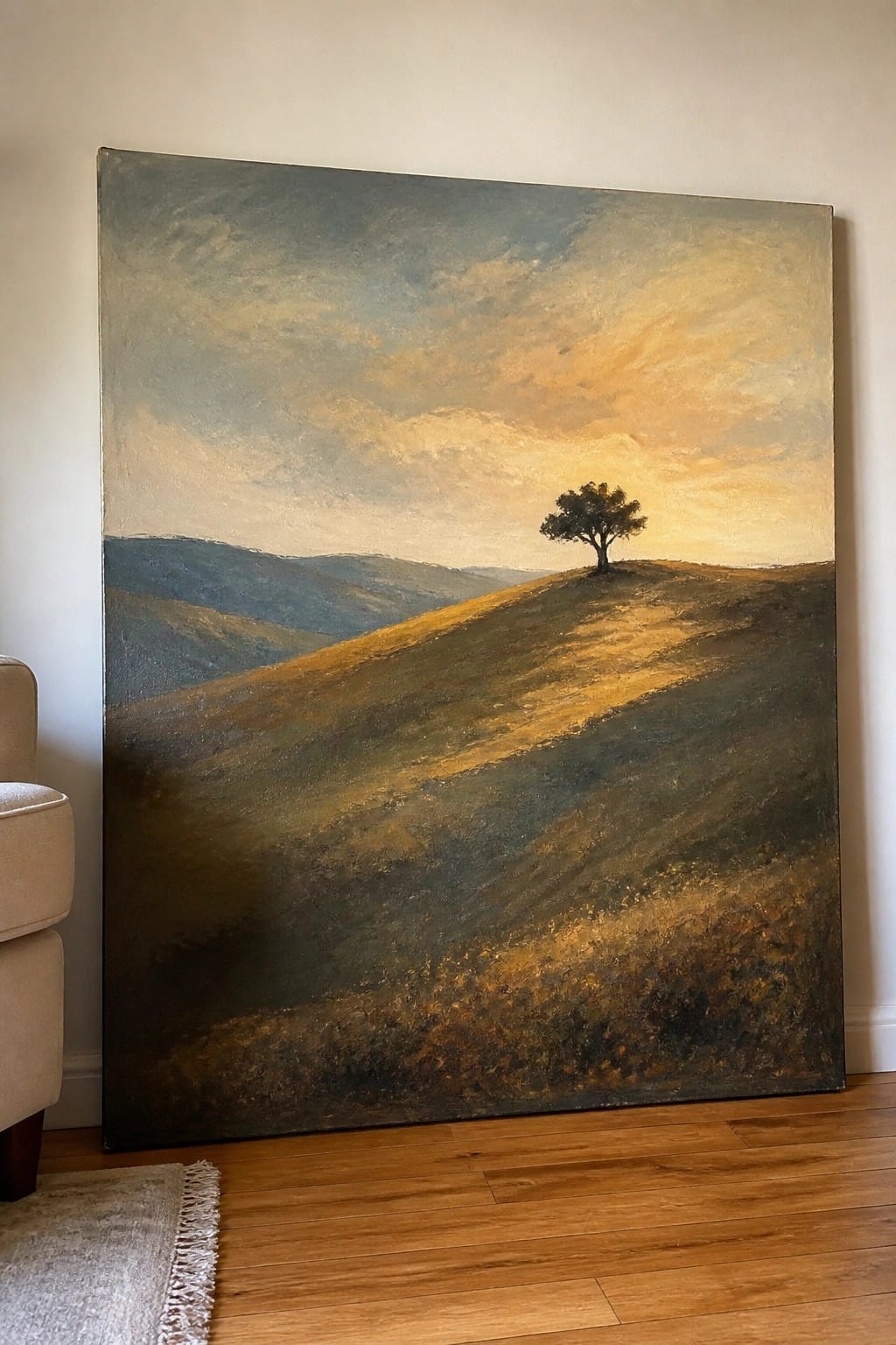Large oil painting of rolling hills with a single tree on the crest under a warm sunset sky, displayed indoors.