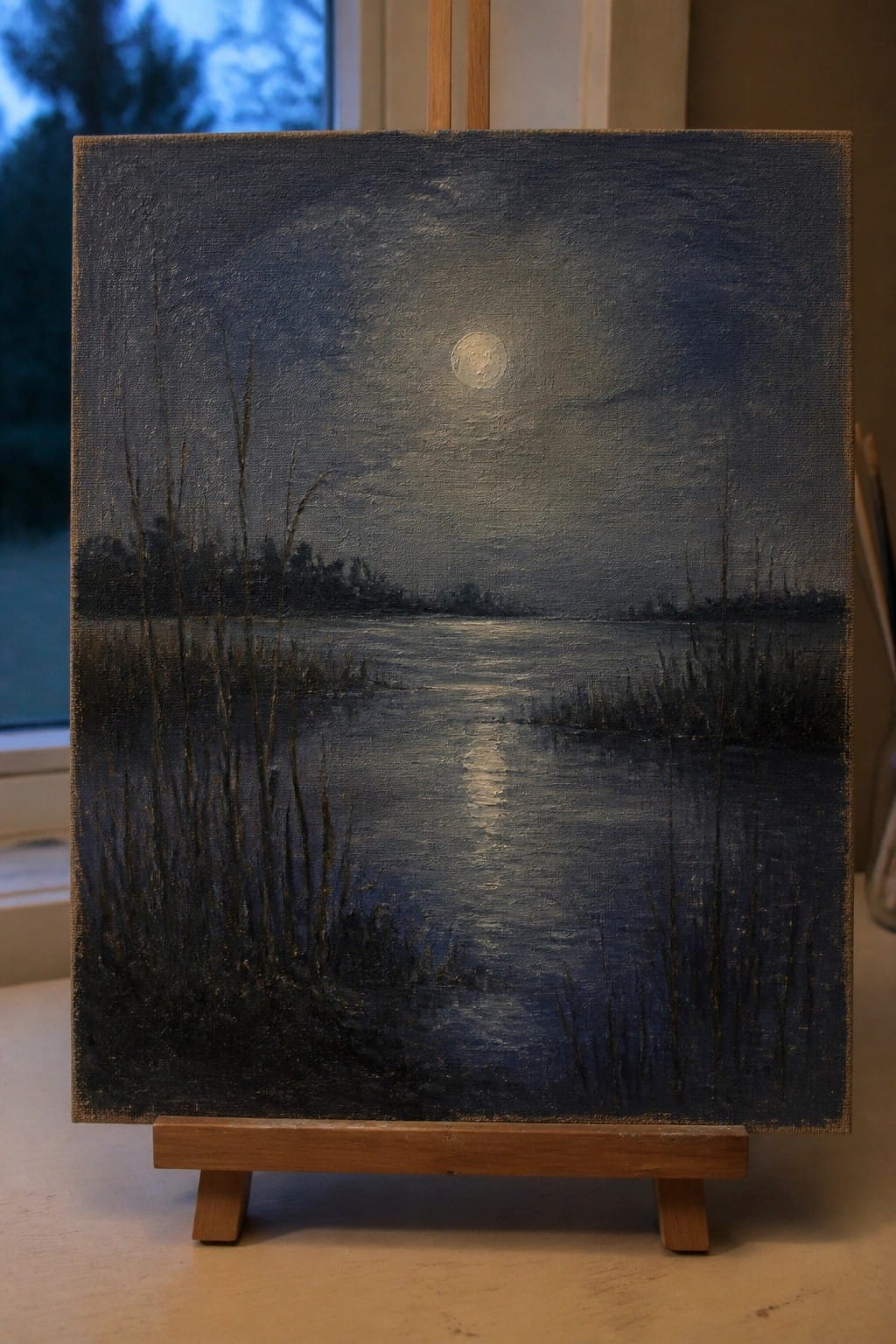 Moonlit waterscape painting with reeds and moon reflection on wooden easel