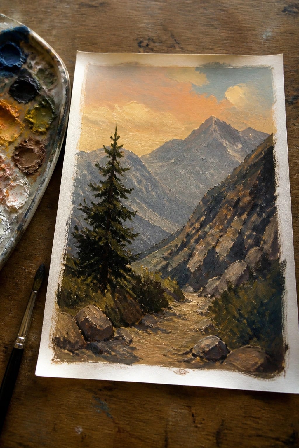 Paint palette and brush beside mountain valley landscape painting on wooden table.
