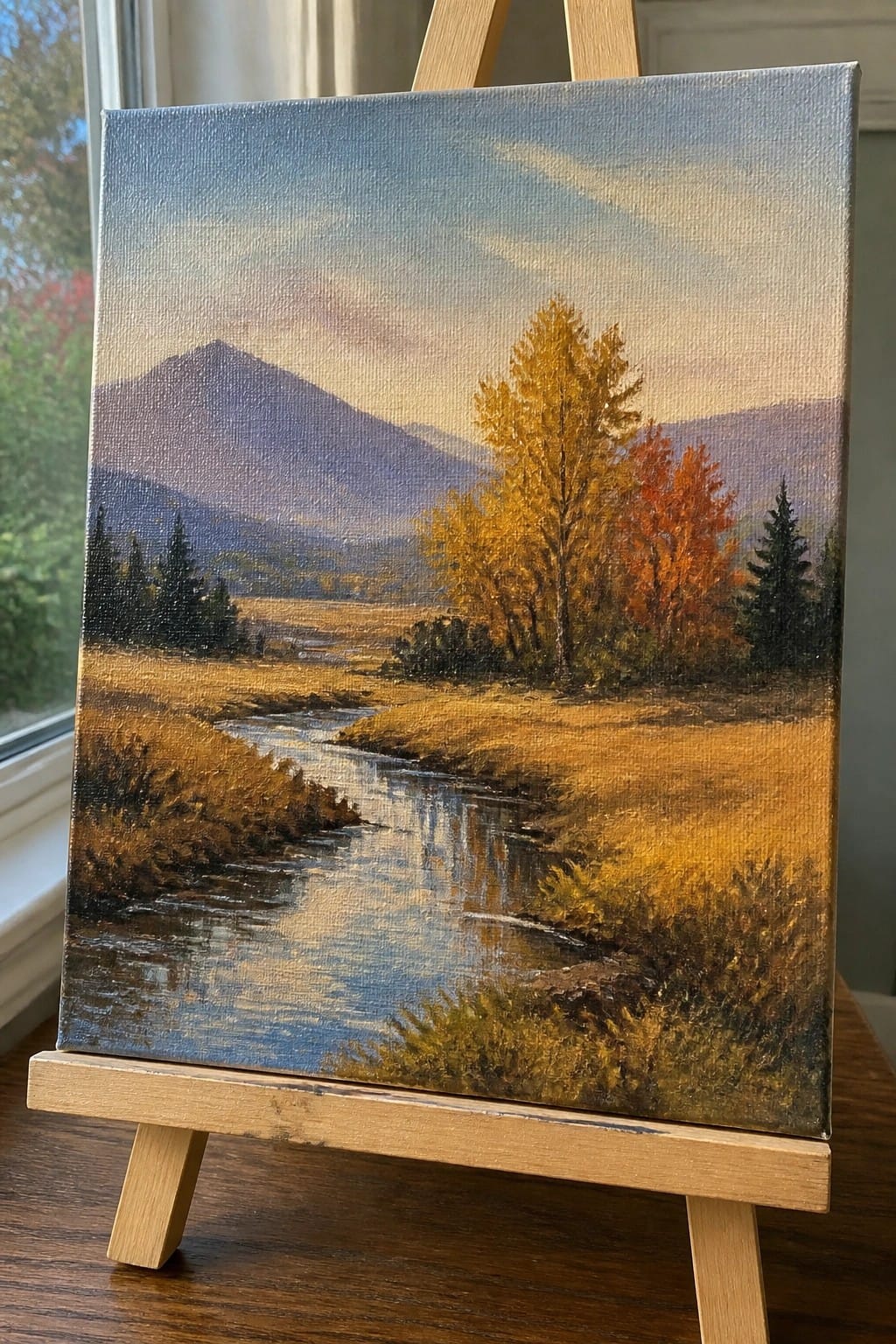 Autumn landscape painting of winding river, autumn trees and mountains on wooden easel.
