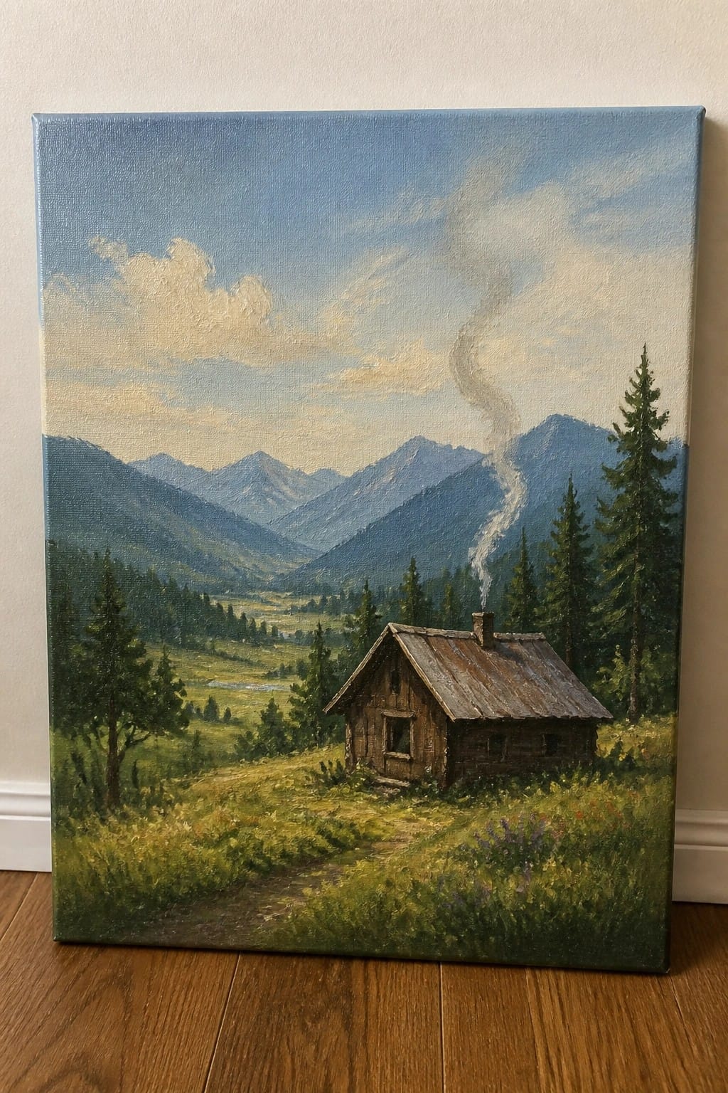 Oil painting of rustic cabin with smoking chimney amid green mountains, trees and valley.