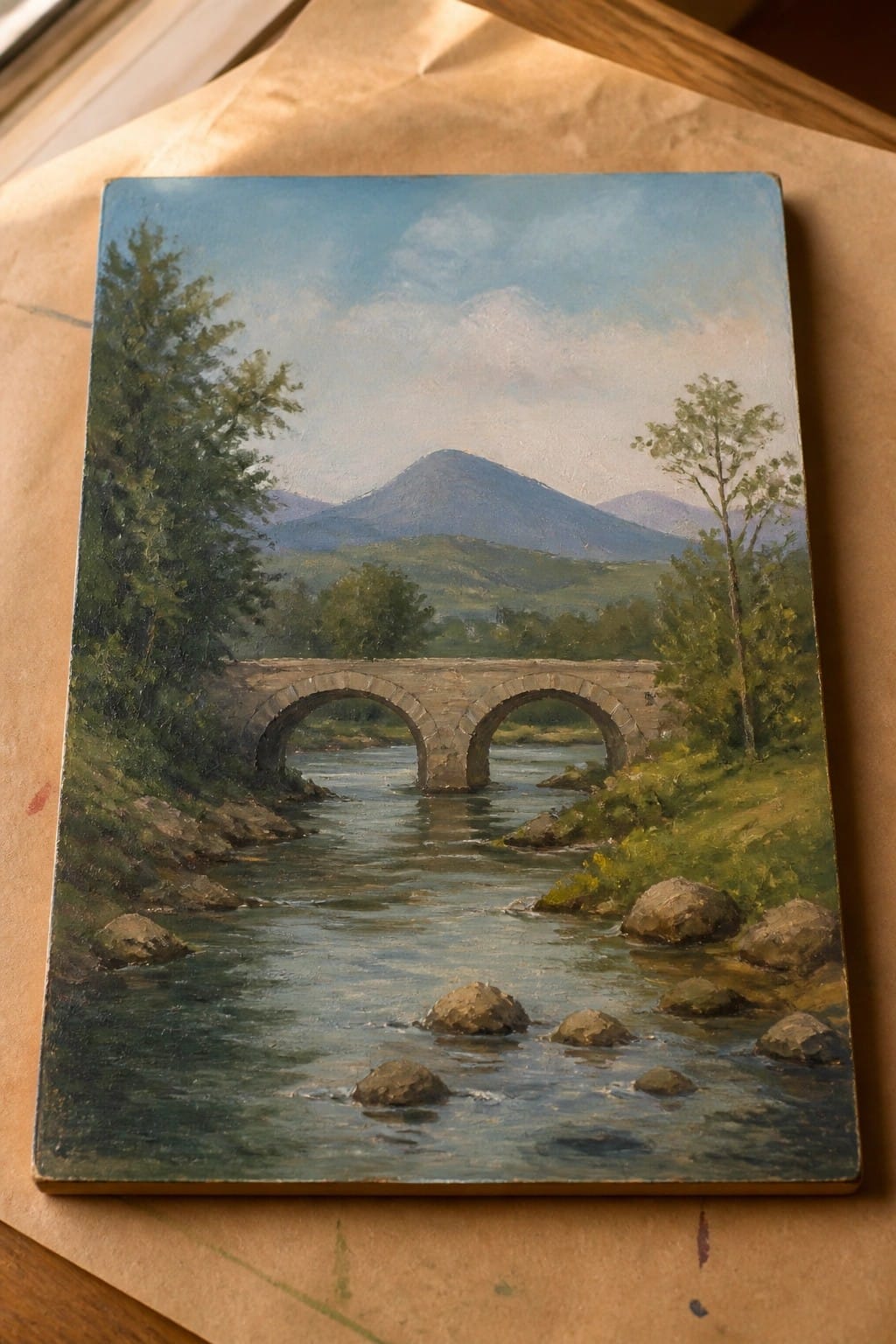 Oil painting of a stone bridge with two arches over a river, rocks in the water, trees on the banks, and mountains in the background.