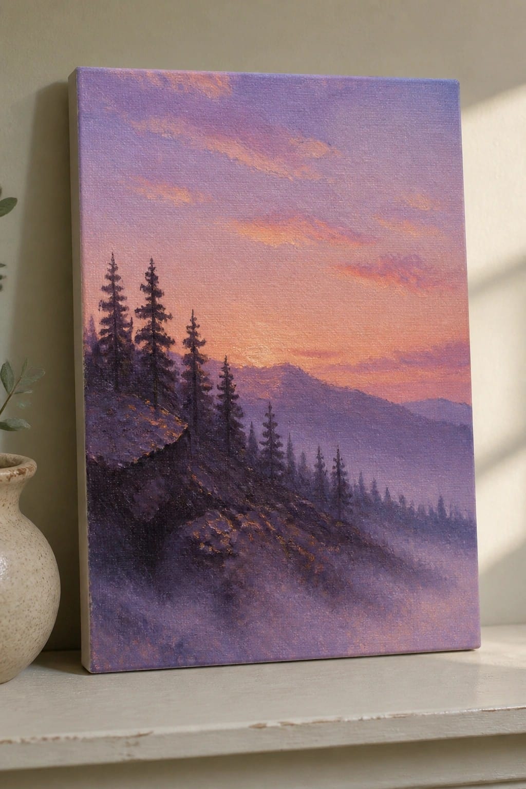 Canvas painting of purple-orange sunset over misty mountains with silhouetted pine trees.