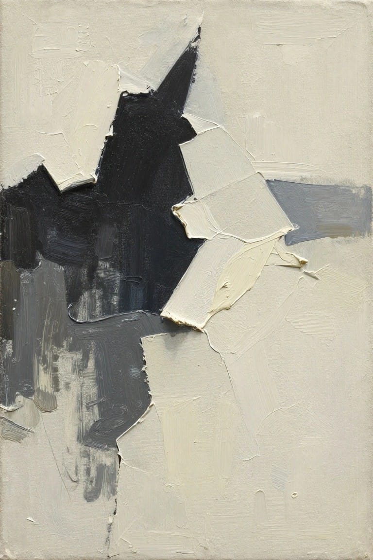 Abstract painting with bold black forms amid thick white and gray brushstrokes