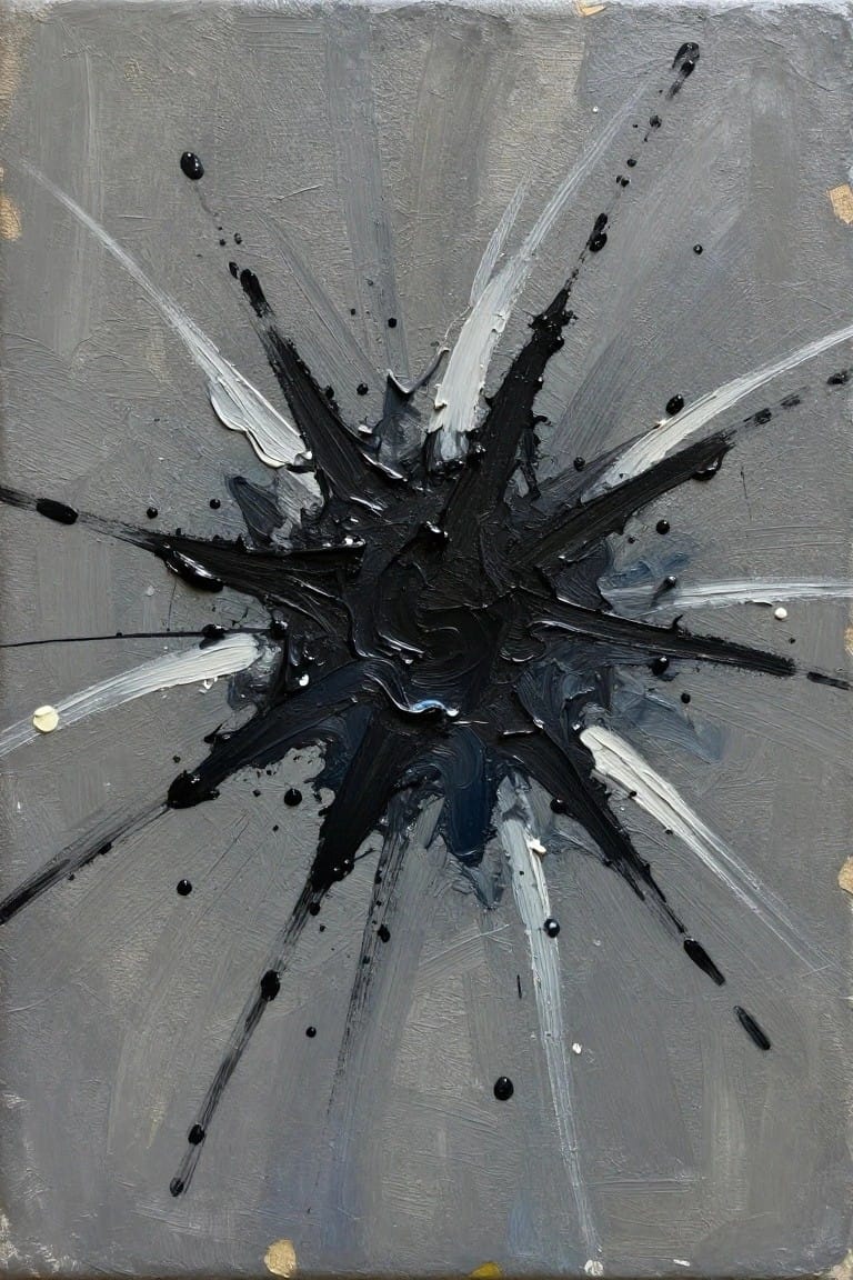 An abstract oil painting with a thick black central mass and white and black strokes radiating outward on a gray background.