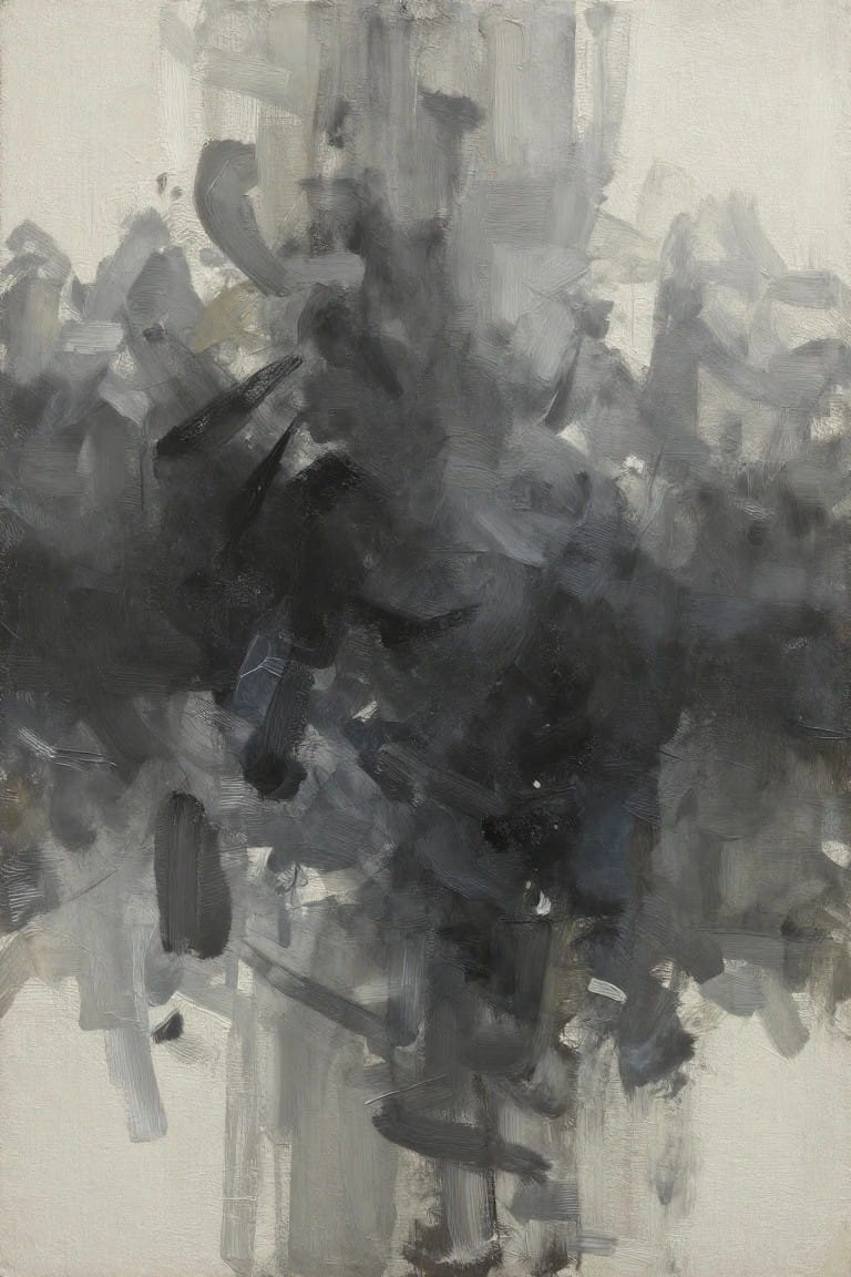 Abstract painting of thick black and gray brushstrokes on light canvas