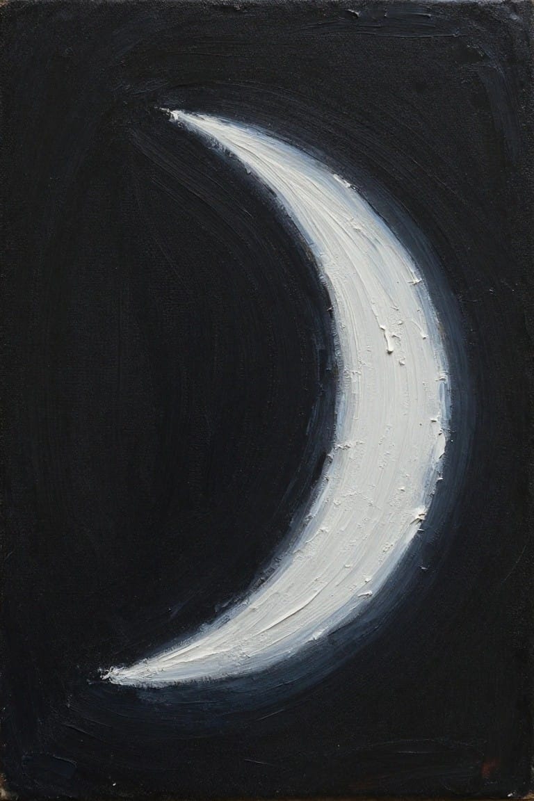 White crescent moon with thick brushstrokes on dark black canvas