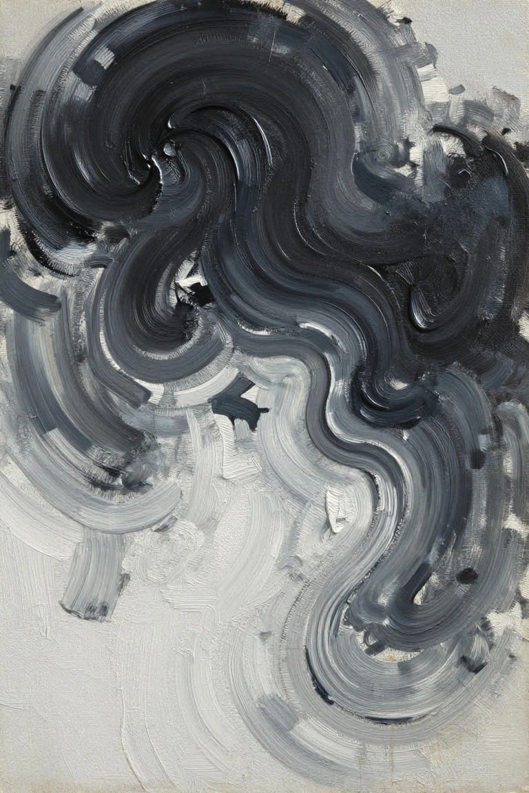 Swirling black and gray brushstrokes form dynamic abstract patterns on white canvas