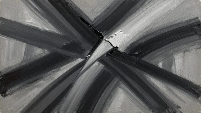 Abstract black-and-white painting with thick radiating brushstrokes from textured center
