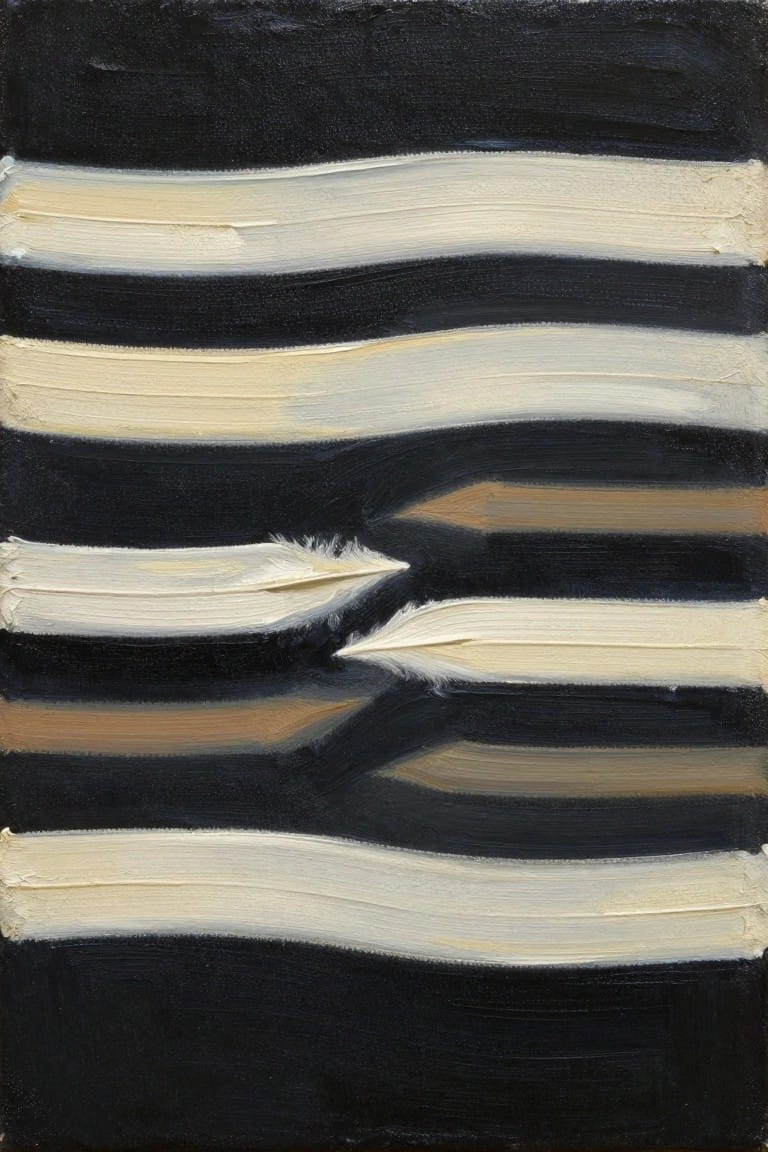 Abstract painting of thick horizontal black, white, and brown brushstrokes with central pointed shapes.