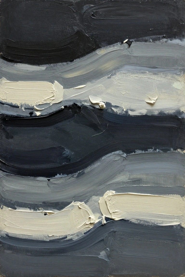 Abstract oil painting with thick horizontal bands of black, gray, and off-white paint in a wavy pattern.