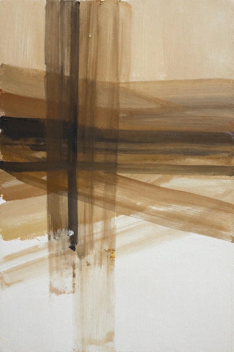 Abstract painting of overlapping brown brushstrokes on a light beige canvas