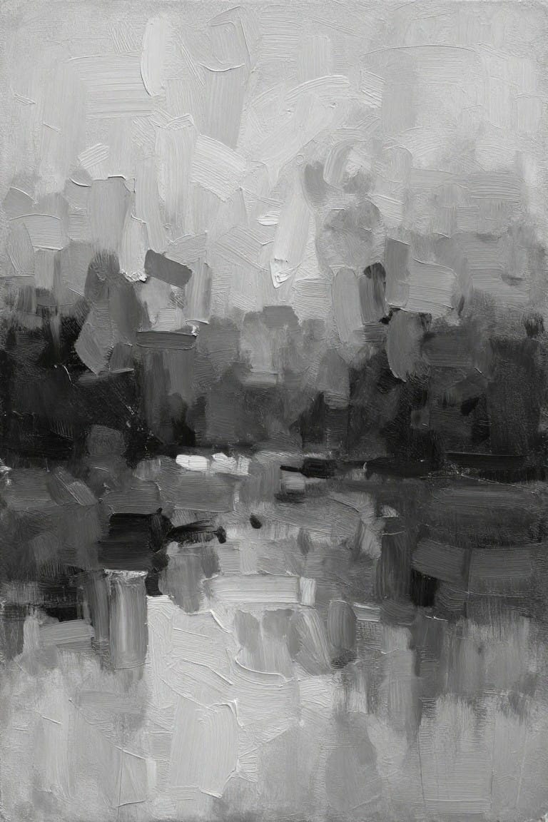 Abstract grayscale painting with thick brushstrokes of misty landscape and reflection