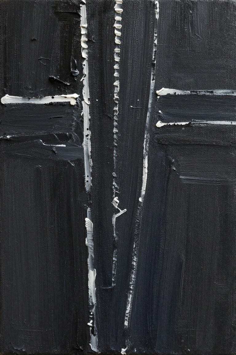 Abstract painting of thick black brushstrokes with dripping white vertical lines and marks