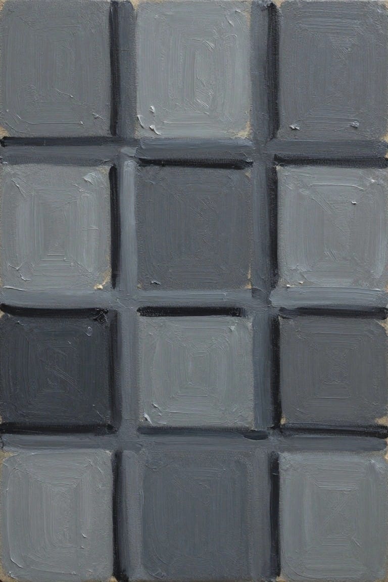 Abstract grid of textured squares in varying shades of gray with brushstrokes