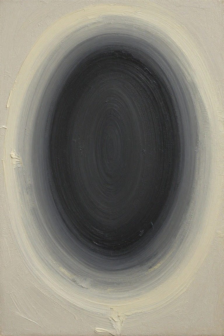Abstract oval with dark black center fading through gray to cream brushstrokes