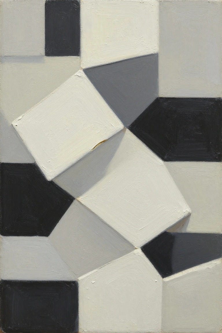Abstract geometric painting of overlapping black, white, and gray polygons