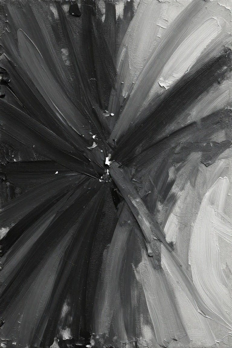 Abstract black-and-white painting with thick radiating brushstrokes from textured center