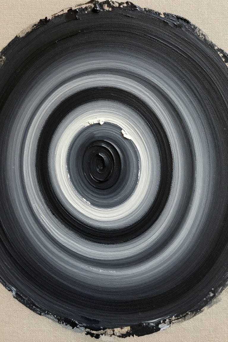 Concentric black, white, and gray brushstrokes spiral into a central vortex on canvas.