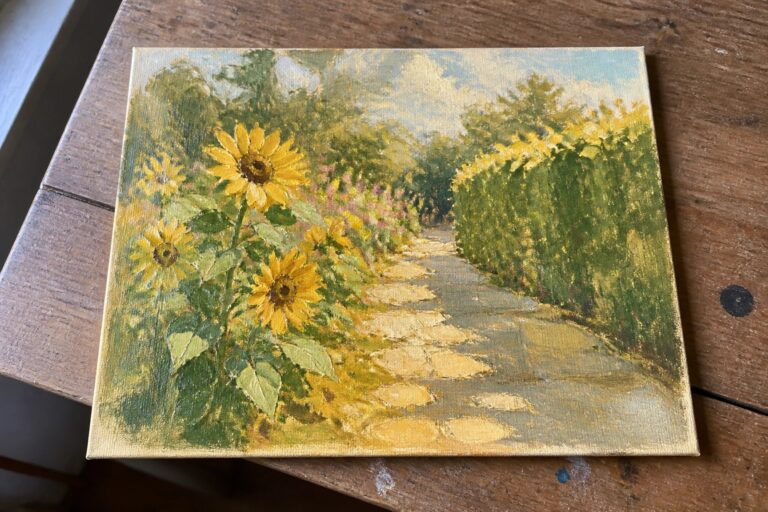 20 Timeless Impressionist Oil Painting Ideas Inspired by Summer Light Vibrant oil painting of sunflowers lining a winding garden path with trees