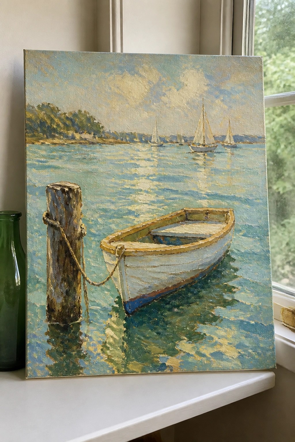 Impressionist painting of a white rowboat tied to a post amid blue water with sailboats beyond