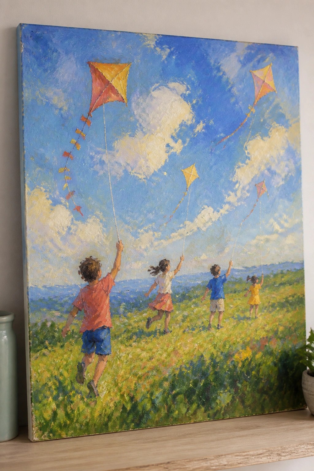 Children running through a meadow flying red, yellow and pink kites under blue skies.