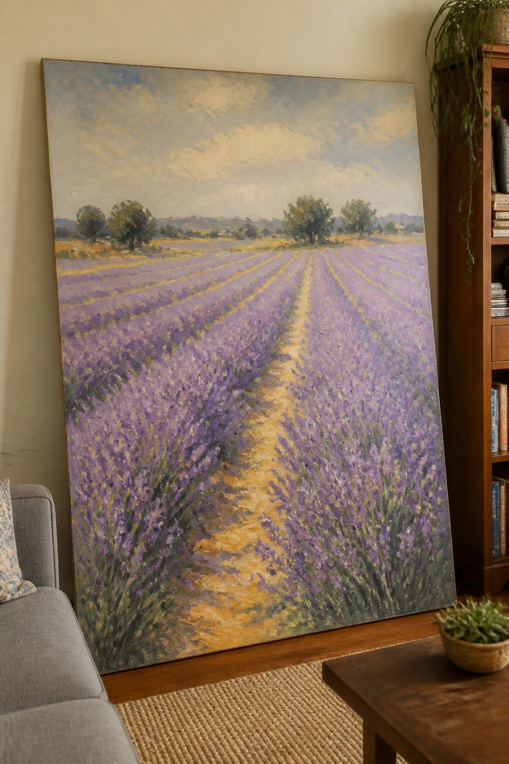 Large painting of lavender field with path in living room beside sofa and bookshelf